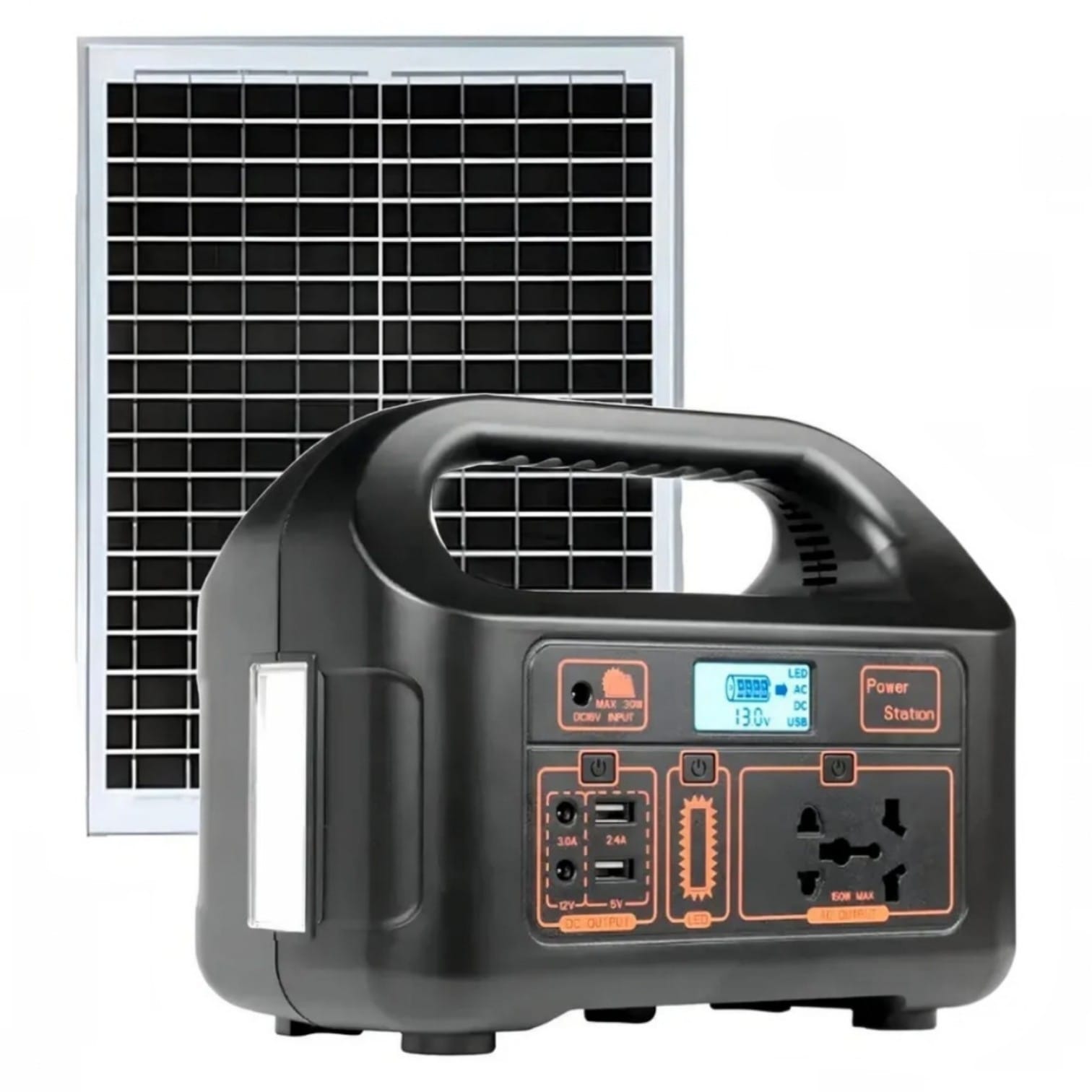 Estación de Energía Portátil Solar Recargable con Panel Solar, Linterna LED, Pantalla Digital, Salida AC, USB y DC